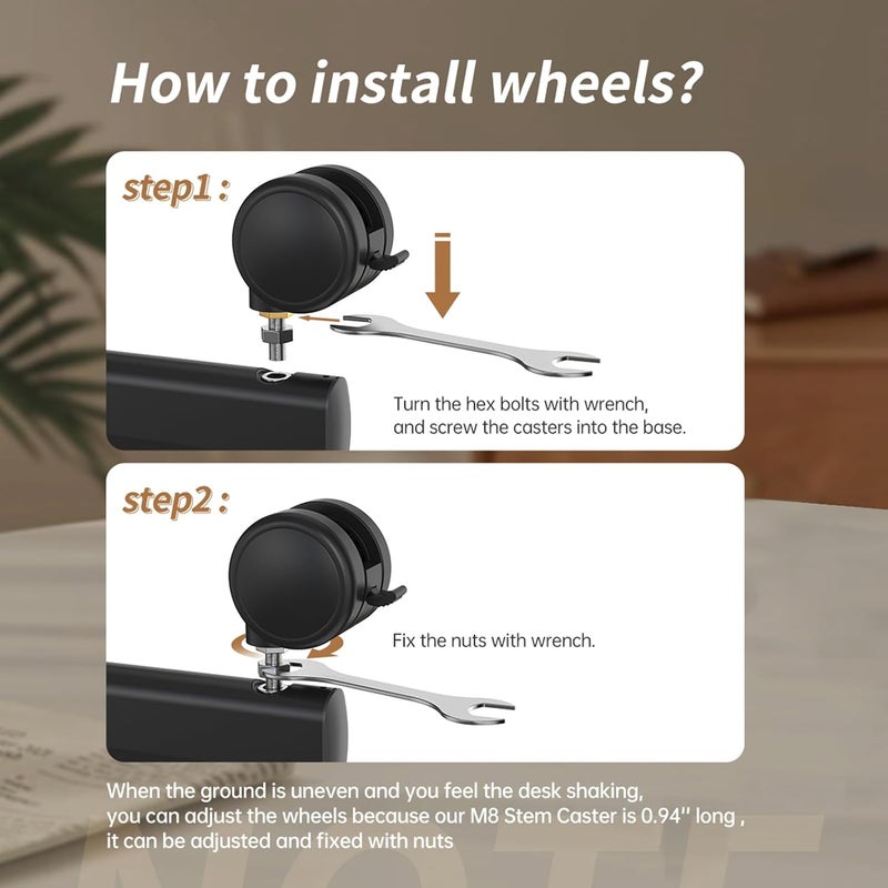 JOY worker Lockable Stem Caster Wheels Set of 4, Metric M8 Nylon Threaded Swivel Caster, 2.5 Inch Stem Casters Replacement for Standing Desk & Mobile Desk, Each Load Capacity 110lbs, Black - Image 5